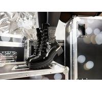 Schnürboots RIEKER, Damen, Gr. 41, gold (schwarz, goldfarben), Lacklederimitat, Textil, Glanzfaden, Schuhe Schnürboots, Stiefelette, Blockabsatz, mit Textileinsatz am Schaft, Topseller (69998543-41) s