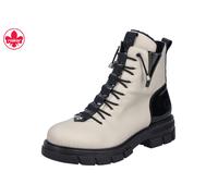 Schnürboots RIEKER, Damen, Gr. 42, weiß (creme, schwarz), Lacklederimitat, Lederimitat, Schuhe Schnürboots, Stiefelette mit Gummizug-Schnürung und Lack-Details (42123314-42) creme, schwarz