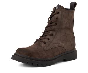 Schnürboots TAMARIS, Damen, Gr. 37, braun (mokka croco), Veloursleder, Reptilienprägung, Schuhe Schnürboots, Schnürstiefelette, Chunky Boots mit logobedruckter Anziehlasche (44419459-37) mokka croco