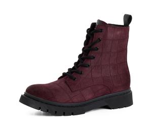 Schnürboots TAMARIS, Damen, Gr. 40, rot (bordeaux croco), Leder, Lederimitat, Reptilienprägung, Schuhe Schnürboots, Schnürstiefelette, Chunky Boots mit logobedruckter Anziehlasche (58979808-40) bordea