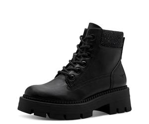 Schnürboots TAMARIS, Damen, Gr. 41, schwarz, Lederimitat, Textil, Glitzer, unifarben, Schuhe Schnürboots, Blockabsatz, Schnürstiefelette mit glänzenden Strasssteinen besetzt (12927441-41) schwarz