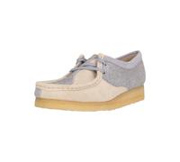 Schnürschuh CLARKS "Wallabee", Damen, Gr. 39,5, blau (hellblau), Leder, Schuhe Schnürschuh, im kultigen Wildlederdesign mit texturiertem Touch (90529817-39,5) hellblau