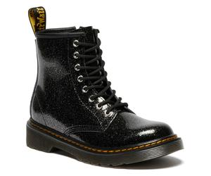 Schnürstiefel DR. MARTENS "8 Eye Boot ROMARIO", Mädchen, Gr. 34, schwarz, grau nebula glitter, Lackleder, Glitzer, Schuhe Schnürstiefel, Kinderschuh, Freizeitstiefel mit zusätzlichem Innenreißverschlu