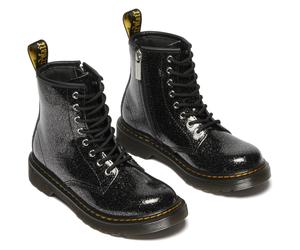 Schnürstiefel DR. MARTENS "8 Eye Boot ROMARIO", Mädchen, Gr. 34, schwarz (schwarz, grau nebula glitter), Lackleder, Glitzer, Schuhe Schnürstiefel, Kinderschuh, Freizeitstiefel mit zusätzlichem Innenre