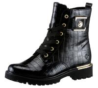 Schnürstiefelette REMONTE, Damen, Gr. 45, gold (schwarz, goldfarben), Lacklederimitat, glänzend, kontrastfarbene Details, Schuhe Schnürstiefelette, Blockabsatz, Schnürboots im Kroko-Look, Innenreißver