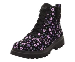 Schnürstiefelette SUPERFIT "ABBY NOVA, WMS: mittel", Mädchen, Gr. 32, schwarz kombiniert, Leder, Polyester, Veloursleder, geblümt, Schuhe Schnürstiefelette, Schnürboots mit Reißverschluss, Größenschab