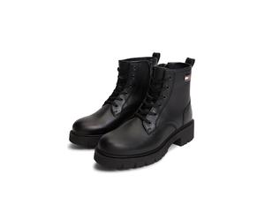 Schnürstiefelette TOMMY JEANS "TJW CLEATED LACE UP BOOTS", Damen, Gr. 35, schwarz, Nappaleder, Schuhe Schnürstiefelette, Blockabsatz, Schnürboots mit seitlicher Logoflag (67300766-35) schwarz