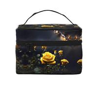 Schöne gelbe Rosen Damen Reise-Kosmetiktasche (22,9 x 16,5 x 15,7 cm), tragbare Kosmetiktasche mit großem Fassungsvermögen, große Kosmetiktasche, Aufbewahrungstasche für Mädchen, Schwarz
