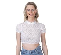 Schöneberger Trachten Couture Dirndlbluse Damen hochgeschlossen aus Spitze weiß, Stretch Dirndl Bluse Kurzarm für Oktoberfest, Lara (36)