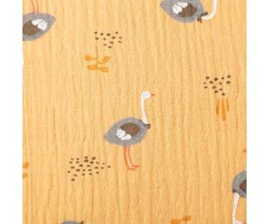 SCHÖNER LEBEN. Musselin Stoff Double Gauze Vogel Strauß Ocker gelb grau 1,30m Breite