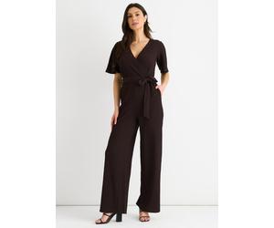 Schokoladenfarbener strukturierter Jersey-Wickel-Overall mit weitem Bein EU 36 / UK 8
