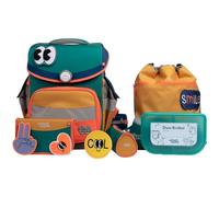 SCHOOL-MOOD Timeless Pro Schulranzenset 7-teilig 23,5L Stauraum, ergonomisches Easy Fit System für 1 m bis 1,50 m Körpergröße, standfest, wasserdichter Stoff mit Reflektoren (Happy Emerald)