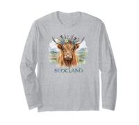 Schottland Highland Cow mit Blumenkrone Aquarell Langarmshirt