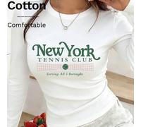 Schriftzug "New York Tennis Club", Grafikprint mit Tennisball und Tennisnetz, geripptes Langarmshirt aus 100 % Baumwolle für Damen, College-Stil, neue