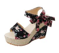 Schuhe Frauen Plattform Keile Absatz Sandalen Blumen Blume Schnürschuhe (37,Schwarz)