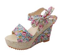 Schuhe Frauen Plattform Keile Absatz Sandalen Blumen Blume Schnürschuhe (38,Blau)