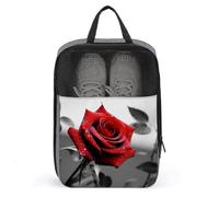 Schuhtaschen für Reisen, schwarz und weiß rote Rose bedruckter Schuhkoffer für Reisen Reise Schuhtasche wasserdicht tragbar Organizer Sneaker Reisetasche für Damen Herren Schwarz und Weiß Rot Rose,