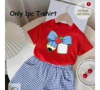 Schulanfang Saison Mädchen Kleinkind süßes Cartoon Karomuster Schleife Bleistift Apfel Buchstabe Papier Muster lässiges Basic Kurzarm T-Shirt