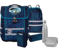 Schulranzen MCNEILL "Perfecto, Xagon", Kinder, Gr. B/H/T: 30cm x 38,5cm x 22cm, blau (xagon), Polyester, Rucksäcke, inkl. Federmäppchen, Turnbeutel, Schlamperrolle & Motivmagnet (39878338-0) xagon