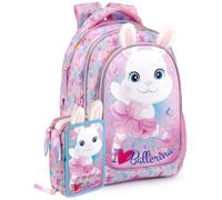 Schulrucksack + 3-Fach Federmäppchen 45 Teile - Klasse 1-4 - Deluxe Grundschul-Set gefüllt, ergonomisch 43×33×15 cm - Geschenk für Mädchen - Julian Ross Design Ballerina Häschen mit Plüsch-Ohren