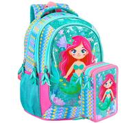 Schulrucksack + 3-Fach Federmäppchen 45 Teile - Klasse 1-4 - Deluxe Grundschul-Set gefüllt, ergonomisch 43×33×15 cm - Geschenk für Mädchen - Julian Ross die Meerjungfrau