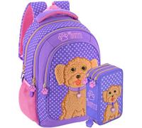 Schulrucksack + 3-Fach Federmäppchen 45 Teile - Klasse 1-4 - Deluxe Grundschul-Set gefüllt, ergonomisch 43×33×15 cm - Geschenk für Mädchen - Julian Ross niedlicher Hund in 3D