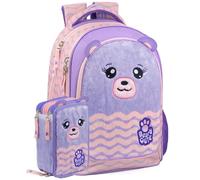 Schulrucksack + 3-Fach Federmäppchen 45 Teile - Klasse 1-4 - Deluxe Grundschul-Set gefüllt, ergonomisch 43×33×15 cm - Geschenk für Mädchen - Julian Ross Lila mit Bärenmotiv
