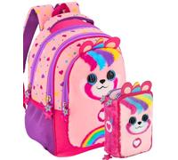 Schulrucksack + 3-Fach Federmäppchen 45 Teile - Klasse 1-4 - Deluxe Grundschul-Set gefüllt, ergonomisch 43×33×15 cm - Geschenk für Mädchen - Julian Ross Plüsch Bär mit Regenbogen, 3D-Design