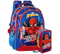 Schulrucksack + 3-Fach Federmäppchen für Spiderman Fan - Deluxe Grundschul-Set gefüllt (45 Teile), ergonomisch 43×33×15 cm - Geschenk für Jungen - Clondo