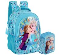 Schulrucksack Set Mädchen Grundschule 6-10 Jahre für Die Eiskönigin Frozen Fan, Rucksack (43x33x15 cm) & 3-Fach Federmäppchen Gefüllt (46 Teile) - Schulranzen Set Ergonomisch