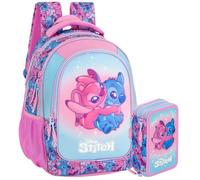 Schulrucksack Set Mädchen Grundschule 6-10 Jahre für Stitch Fan, Rucksack (43x33x15 cm) & 3-Fach Federmäppchen Gefüllt (46 Teile) - Schulranzen Set Ergonomisch