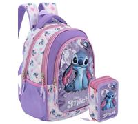 Schulrucksack Set Mädchen Grundschule 6-10 Jahre für Stitch Fan, Rucksack (43x33x15 cm) & 3-Fach Federmäppchen Gefüllt (46 Teile) - Schulranzen Set Ergonomisch