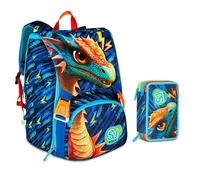 Schulrucksack Sj Boy, Dragon Glide, Drache, geflügelt, erweiterbar, By Seven für Grundschule Kinder + Federmäppchen 3 Ebenen + 7 Stifte zum Aufstecken und Schlüsselanhänger mit Pailletten