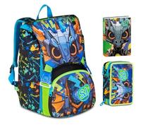 Schulrucksack Sj Boy Led Drachenlook erweiterbar by Seven für Grundschule Mädchen + Federmäppchen 3 Etagen komplett mit Schreibwaren + Tagebuch 2025/2026 + 7 Klickstifte und Schlüsselanhänger Pfeife
