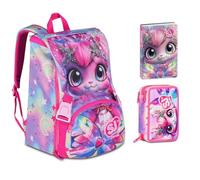 Schulrucksack Sj Gang Cat Lady erweiterbare Katze by Seven für Grundschule Mädchen + Federmäppchen 3 Ebenen + Tagebuch 2025/2026 + 7 Stifte zum Aufstecken und Schlüsselanhänger mit Pailletten