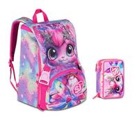 Schulrucksack Sj Gang Cat Lady Kätzchen erweiterbar by Seven für Grundschule Mädchen + Federmäppchen 3 Ebenen + 7 Stifte zum Aufstecken und Schlüsselanhänger Pailletten