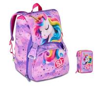 Schulrucksack Sj Gang Fable Journey Einhorn geflügelt erweiterbar by Seven für Grundschule Mädchen + Federmäppchen 3 Ebenen komplett Schreibwaren + 7 Stifte zum Aufstecken und Schlüsselanhänger mit