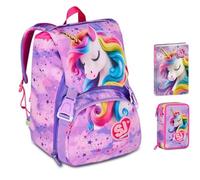 Schulrucksack Sj Gang Fable Journey Einhorn geflügelt erweiterbar By Seven für Grundschule Mädchen + Federmäppchen 3 Ebenen + Tagebuch 2025/2026 + 7 Stifte zum Aufstecken und Schlüsselanhänger