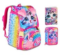 Schulrucksack Sj Girl Cat & Air Kätzchen dehnbar von Seven für Grundschule Mädchen + Federmäppchen 3 Ebenen + Tagebuch 2025/2026 + 7 Stifte zum Aufstecken und Schlüsselanhänger mit Pailletten