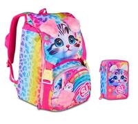 Schulrucksack SJ Girl Cat & Air Kätzchen erweiterbar By Seven für Grundschule Mädchen + Federmäppchen 3 Ebenen + 7 Stifte zum Aufstecken und Schlüsselanhänger mit Pailletten