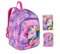 Schulrucksack Sj Girl Fable Journey Einhorn geflügelt ADVANCED Rund by Seven für Grundschule Mädchen + Federmäppchen 3 Ebenen + Tagebuch 2025/2026 + 7 Stifte zum Aufstecken und Schlüsselanhänger