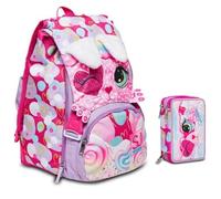Schulrucksack Sj Girl Heart Lolly erweiterbar By Seven für Grundschule Mädchen + Federmäppchen 3 Etagen komplett Schreibwaren + 7 Schnappstifte und Schlüsselanhänger Pailletten