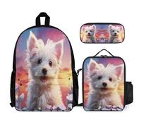 Schulrucksack Süßer West Highland White Terrier 3-In-1 Set mit Brotdose und Mäppchen für Teenager 1.-3. Klasse Schulranzen Tier Hund Schulranzen Set 8-10 Jahre für Mädchen Freizeit Wandern Alltag