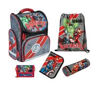 Schultasche Marvel Avengers Set 5-tlg., Personalisierter Inhalt Turnbeutel Geldbeutel Federmappe mit Name, Schulranzen 1. Klasse Grundschule