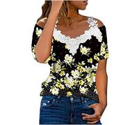 Schulterfrei Oberteile Damen Elegant Spitzenärmeln Tshirt Einfarbige V-Ausschnitt Bluse Sommer Spitzennähte Pullover Große Größen Tops Spitze Kurzarm T-Shirt Basic Shirt Blusentops für Frauen