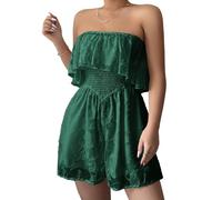 Schulterfreier Damen-Jumpsuit, fließender, trägerloser Jumpsuit mit Smokarbeit, trendiges Strandoutfit für Urlaub (Green,l)