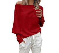 Schulterfreier Pullover Damen rot, One Shoulder Oberteil Damen Langarm Schulterfreies Shirt Sweatshirt Off Sweater Longpullover Y2k Sexy Causal Elegant Pullover Top Einfarbig Longshirt, Rot, 5XL