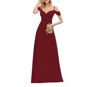 Schulterfreies Chiffon-Kleid für Brautjungfern, Spaghettiträger, V-Ausschnitt, Hochzeitsgästekleid, Burgunderrot, 34