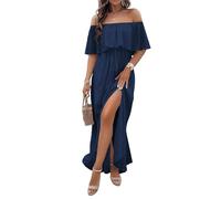 Schulterfreies Kleid Damen Sommer Elegant Sommerkleid Lang A-Linien Maxikleider Mit Schlitz Sommerkleider Leicht Und Luftig Boho Kleider Maxi Mit Gürtel Strandkleid Off Shoulder Mit Ärmeln