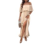 Schulterfreies Kleid Damen Sommer Elegant Sommerkleid Lang A-Linien Maxikleider Mit Schlitz Sommerkleider Leicht Und Luftig Boho Kleider Maxi Mit Gürtel Strandkleid Off Shoulder Mit Ärmeln